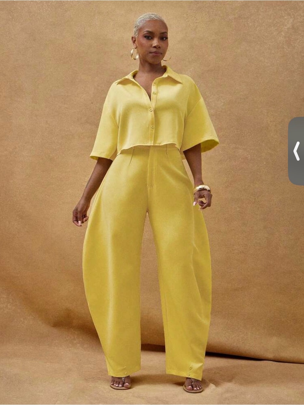 Cropped Button-Front Top & Wide-Leg Pants Set - Yellow